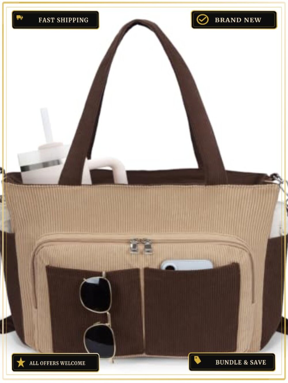 Corduroy Tote Bag for Women, 16 Pockets, Laptop Compartment, Shoulder Crossbody